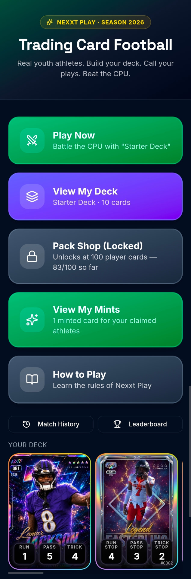 The Nexxt Play app home — play now, build your deck, view your minted cards.