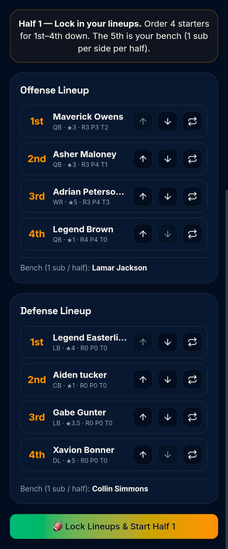 Lock in your lineups — order 4 starters for 1st–4th down, one sub per half.