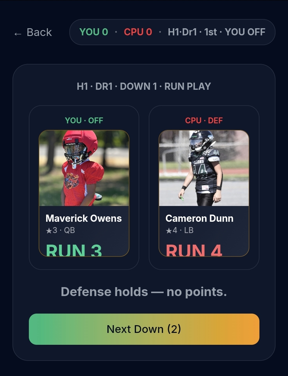 Live play vs the CPU — call your play, compare card stats, win the down.